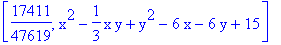 [17411/47619, x^2-1/3*x*y+y^2-6*x-6*y+15]